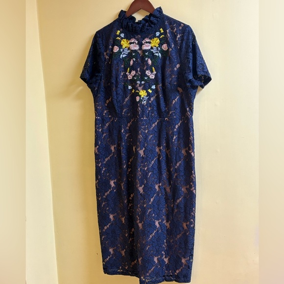 Lovedrobe Dresses & Skirts - Lovedrobe Blue Lace Overlay Dress with Floral Embroidery Size 20 EUC